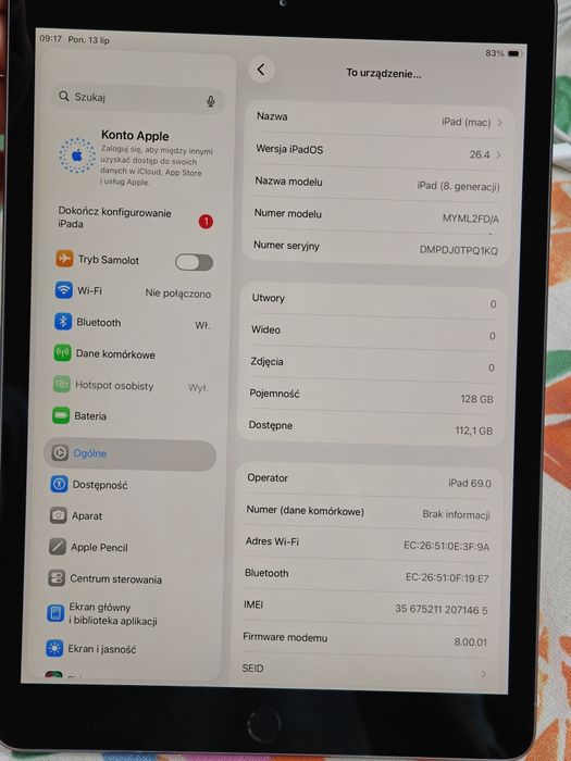 Jak nowy Apple iPad A2429 128GB SSD, oryginalny ładowarka, stan bardzo dobry