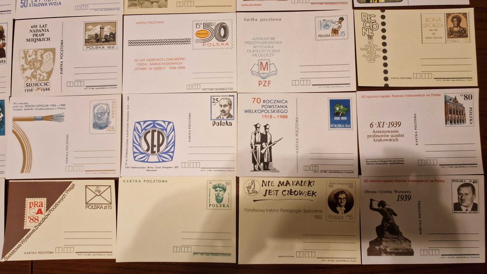 30 szt. czyste kartki pocztowe PRL (lata 80.) – całostki, zestaw