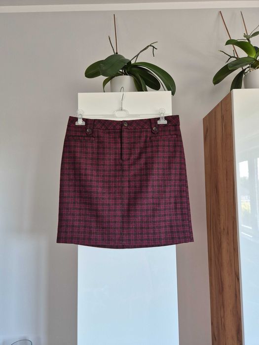 Wełniana (74%) spódniczka mini w kratę Eddie Bauer 40 L bordo śliwkowa retro