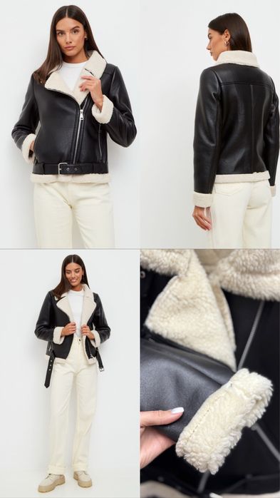 Нова дублянка жіноча чорна, коричнева подовжена з білим, чорним хутром