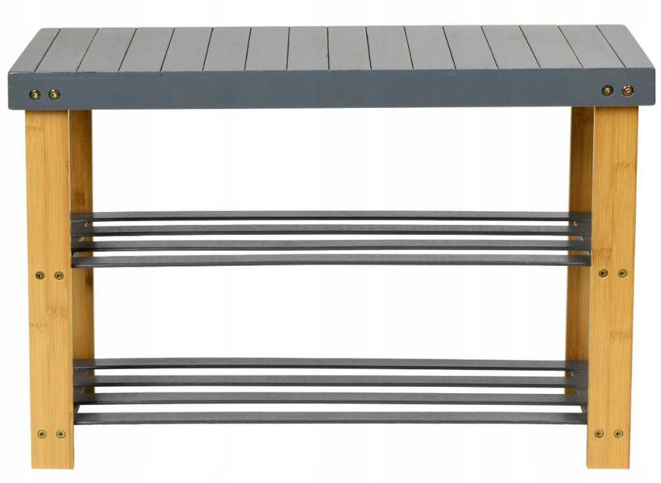 Szafka na Buty Naturalny Bambus Dwie Półki Siedzisko Szary Połysk