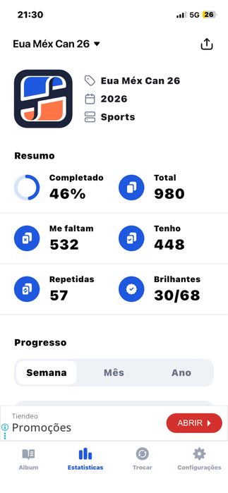 Álbum Panini Copa do Mundo 2026 – EUA/México/Canadá (46% completo)