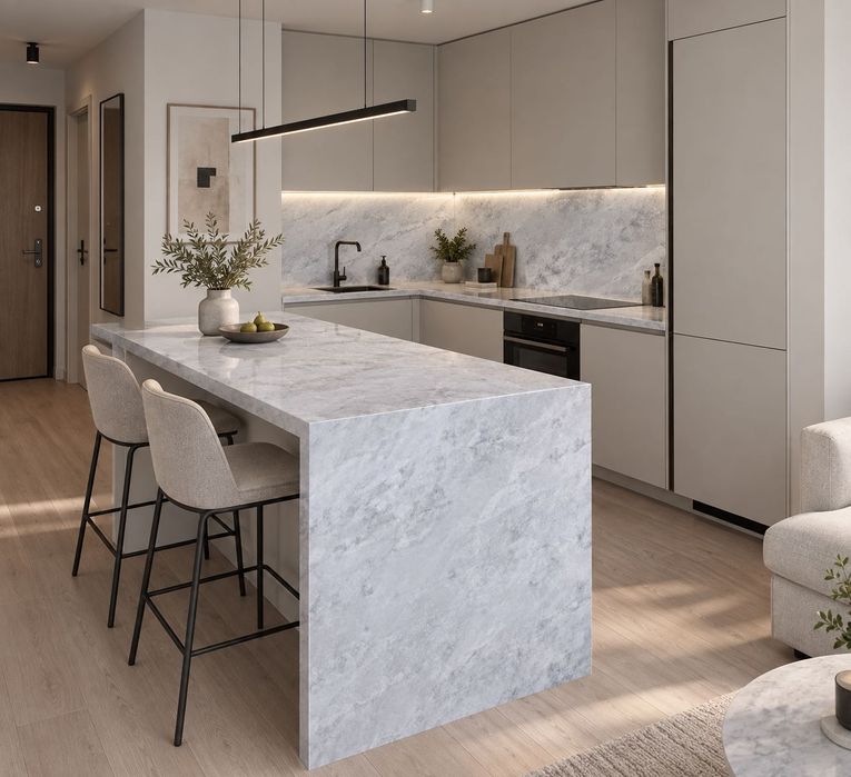 Blaty kuchenne i łazienkowe, schody, parapety - brazylijski jasny marmur WHITE CRISTAL ICE gr.2cm