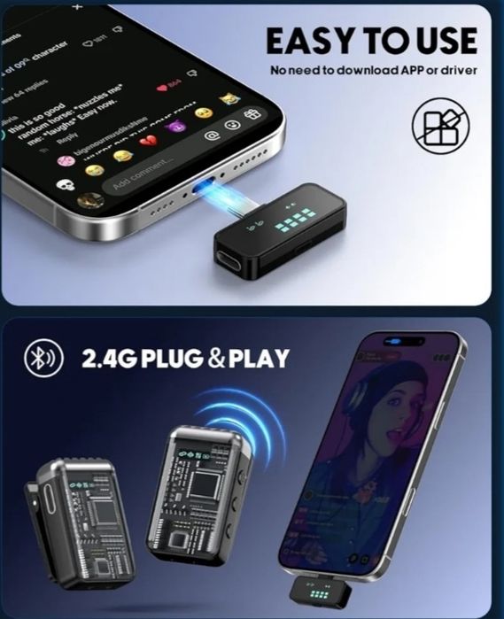 Microfone de lapela sem fio para iPhone - Microfone de lapela Bluetooth Tipo C com iluminação, mini microfone para Android, microfones sem fio