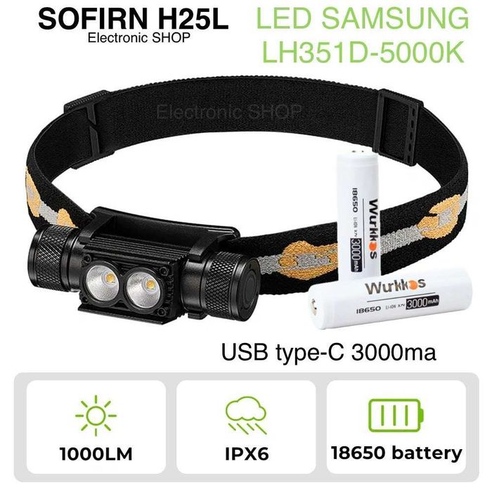 Ліхтар SOFIRN H25L\Samsung LH351D\1000lm-90CRI\USB-C\АКБ WURKKOS 3000