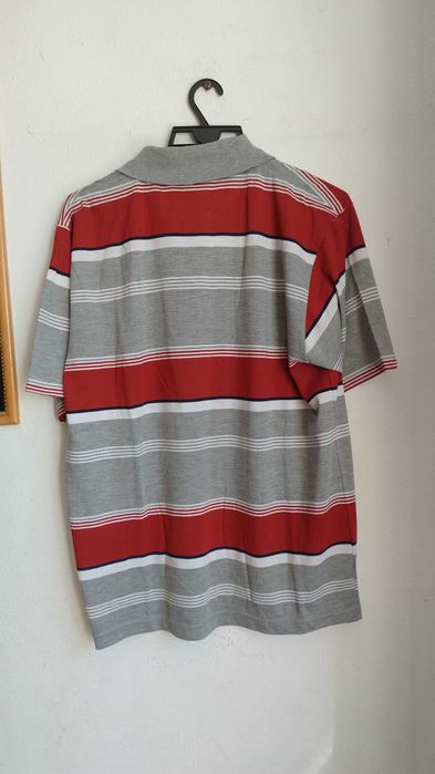 Dobyline XL Szara bluzka polo z kołnierzykiem w czerwone i białe paski