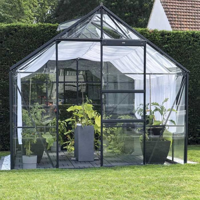 Antracytowa, aluminiowa szklarnia ogrodowa LAMS CARVI szkło hartowane