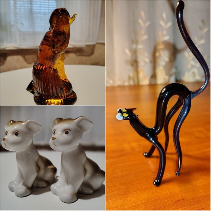 Вінтажні статуетки янтарного кольору, фарфорові (Полонне), з кольорового скла.