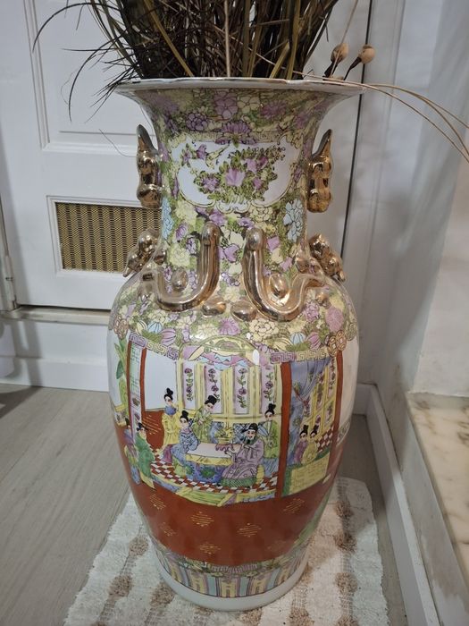Vaso de Chão Gigante Chinês (65 cm) - Porcelana Pintada à Mão e Dourados