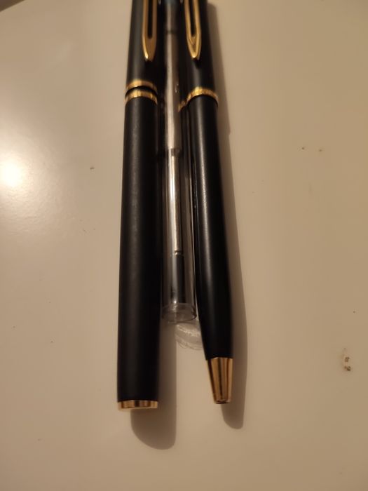 Set Canetas Waterman Vintage Preto Mate e Dourado – Caneta + Lapiseira + Estojo Pele