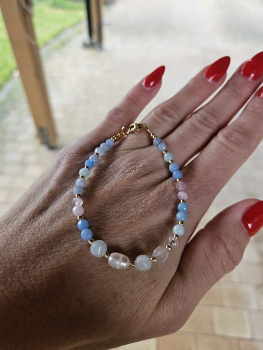Bransoletka kamienie naturalne Larimar Perła naturalna Kryształ Jadeit