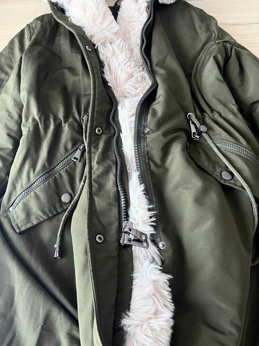 Płaszczyk kurtka zimowa z kapturem damska parka khaki Butik XL L 40 42