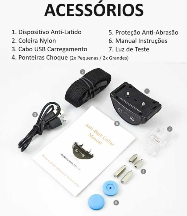 Coleira Anti-Latido Automática Recarregável Som/Vibração/Choque - Novo