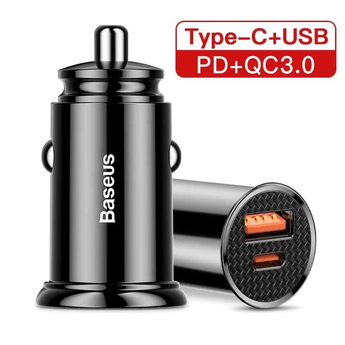 Швидкий зарядний пристрій у машину Baseus 2 порти USB і type-C 5A/30W