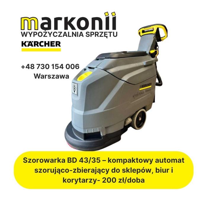 Wynajem Karcher Szorowarka BD 43/35 BD 50/60 ze sciąganiem wody, sieciowa kabel Wypożyczalnia