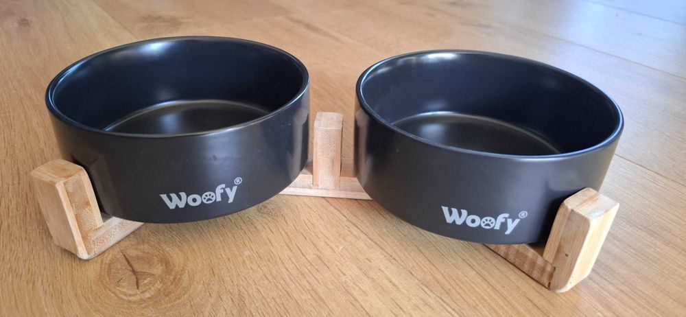 Miska podwójna ceramiczna Woofy czarna 2x 400 ml na stojaku