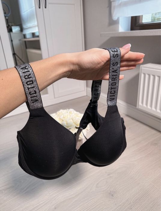 Biustonosz stanik 85B czarny Victoria’s Secret VS brokatowe szelki