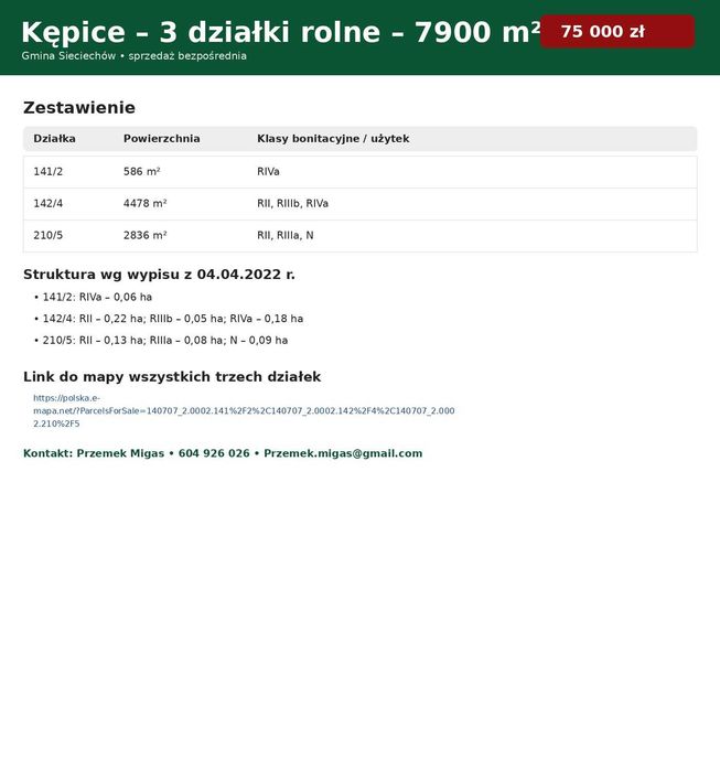Kępice – 3 działki rolne 7900 m² -  klasy II–IVa  - 75 000 zł