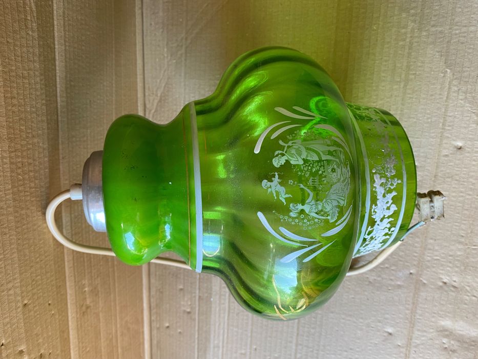 Candeeiro de tecto em vidro verde e pinturas - vintage