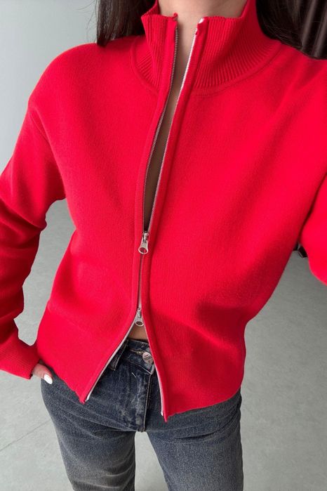 Червоний кардиган светр на блискавці, джемпер на двостронній блискавці