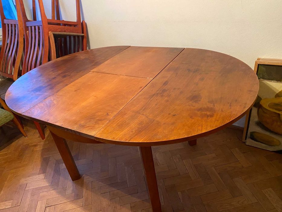 Stół okrągły, rozkładany, drewniany, PRL