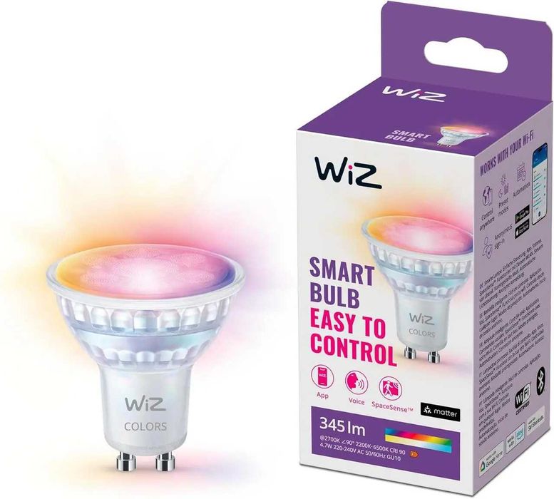 Розумна LED лампа WiZ GU10 Spot White and Color RGB 4,7 Вт 345 лм, смарт лампочка Wi-Fi Bluetooth Matter, кольорове освітлення, керування зі смартфона