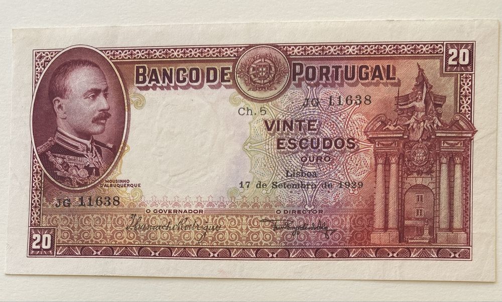Nota 20$00 Escudos Ch.5 - Mouzinho de Albuquerque 17/09/1929 RARA
