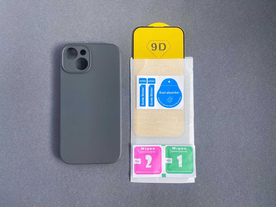 Etui do Apple iPhone 14 Silicone Case (сzarne) + szkło hartowane 9H 9D