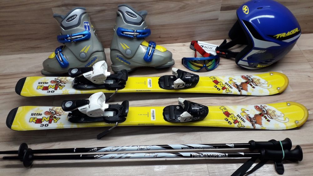 Komplet Narty 90 cm Buty 19.5 cm Kask Kijki Gogle