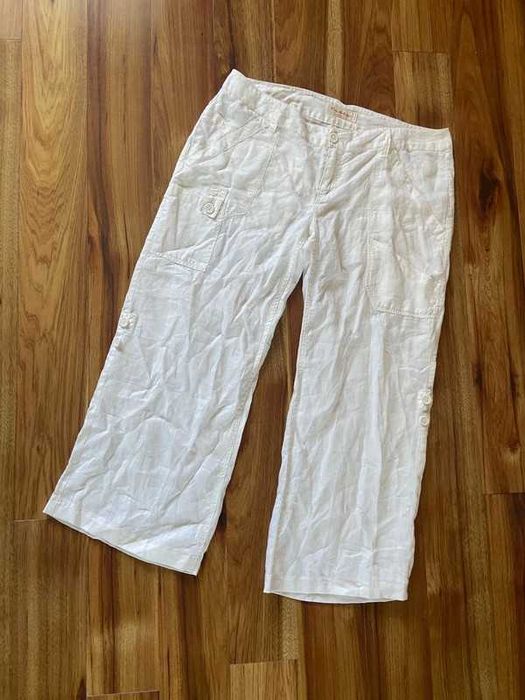 Len linien organic dzwony szwedy biale spodnie proste 7/8 kuloty