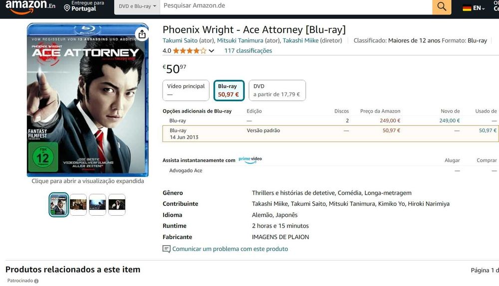 Phoenix Wrigth Ace Attorney DVD + Blue Ray áudio e leg em espanhol