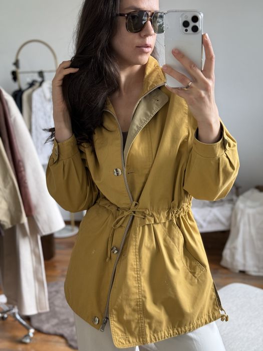 Jesienna kurtka parka przejsciowa musztardowa taliowana comfort casual Autumn jacket L XL plus size