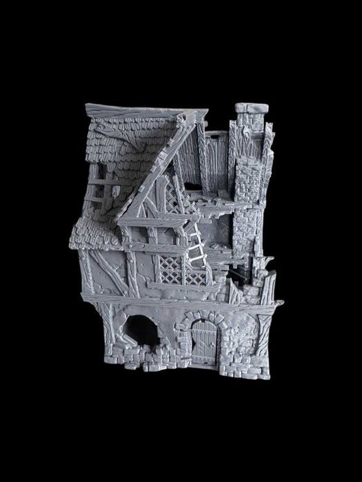 Duży Dom Miejski z galerią nad wejściem, w ruinie, druk 3D do gier