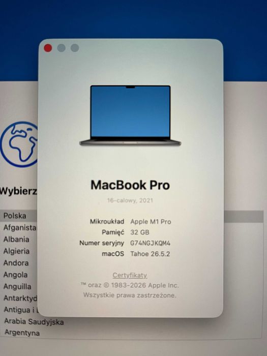 MacBook Pro 16" 2021 M1 Pro / 32 GB RAM + oryginalny zasilacz