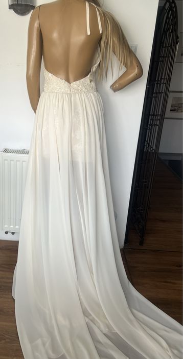 Suknia ślubna Wesele ecru kremowa S / XS z trenem szyfon