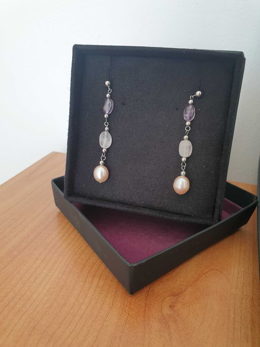 Zestaw Komplet: naszyjnik kolczyki Serbro 925 Perły Ametyst