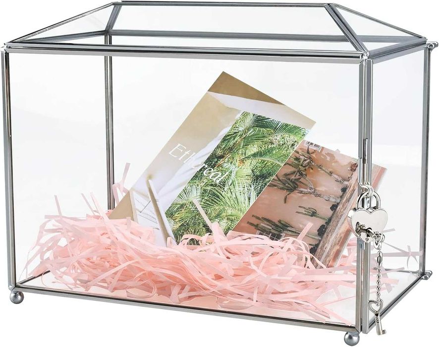 Duże szklane pudełko na karty ślubne 26 cm z otworem i zamkiem