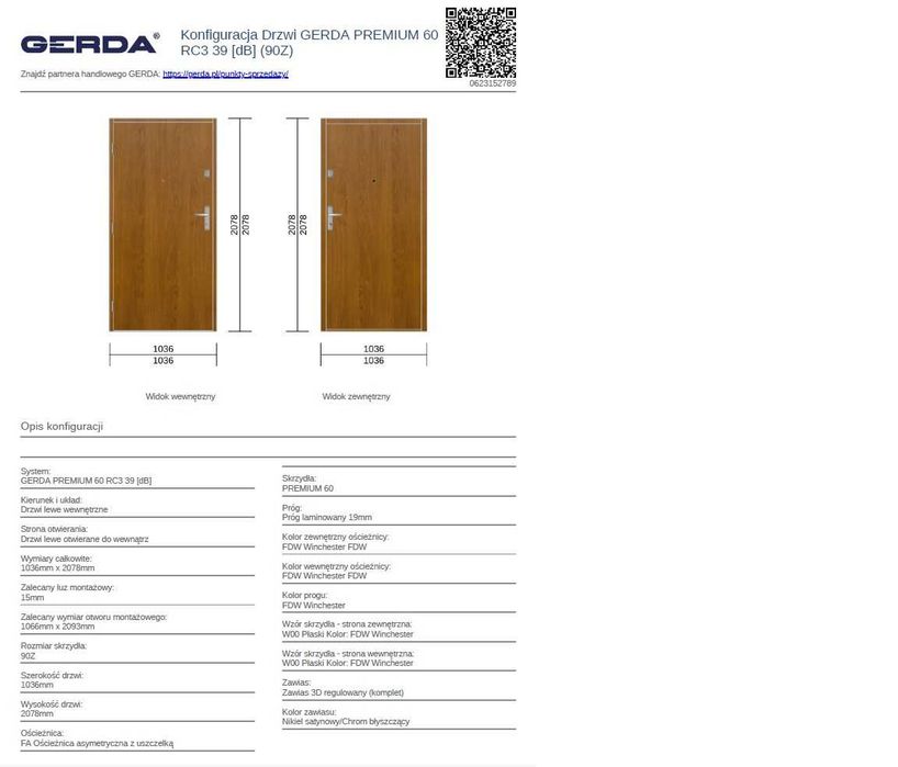 Drzwi LEWE wewnetrzne 90 GERDA PREMIUM 60 RC3 - 1 szt