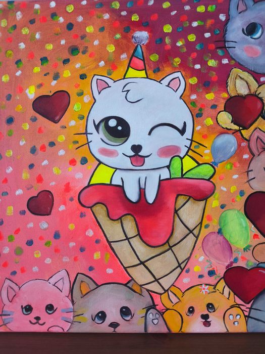 Quadro "Party" (40x40cm) - Pintura à mão - Técnica Óleo sobre tela (releitura - Artista Ana Maia)