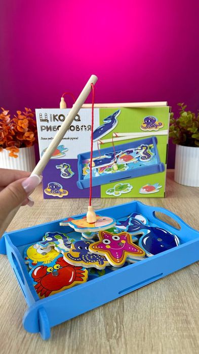 Велика дерев'яна магнітна рибалка риболовля 2 вудочки рибки 12 штук