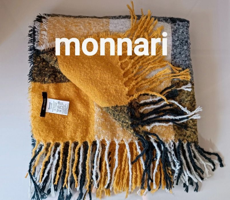 Chusta szal duża miękka Monnari z frędzlami żółto szara czarna bawełna