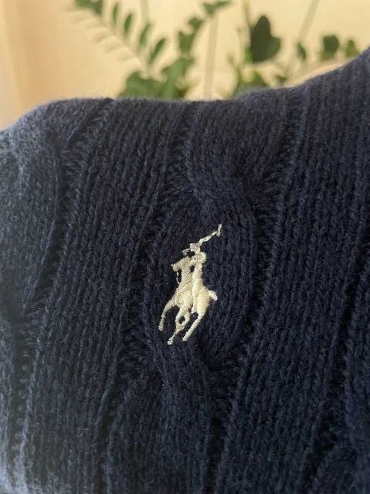 wełniany sweter Ralph Lauren 90% wełna wool navy old money classic