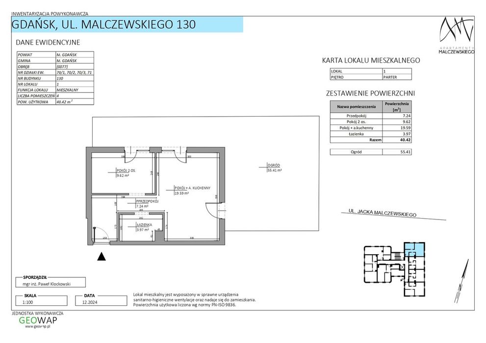 2-pokojowe- 40,42 m2 + ogródek , parter