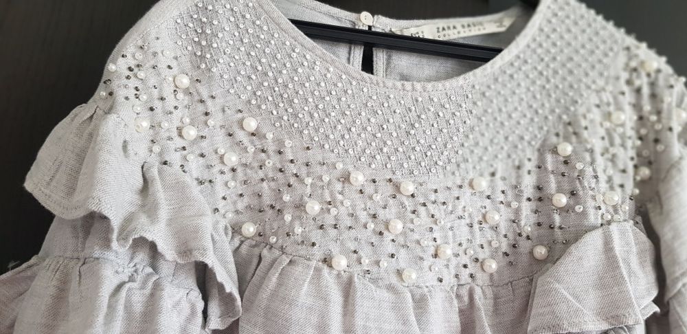 ZARA Basic szara bluzka falbanki koraliki perełki S gratis