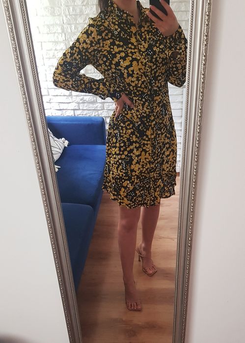 Sukienka koszulowa kwiaty czarna żółta na guziki mini długi rękaw M 38