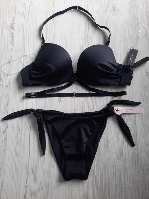 Черный купальник Victoria's secret бомбшелл двойной пуш-ап bombshell S M с пушапом бандо 75С 75В 80А со стразами 85F 80F стринги розовый хаки портупея