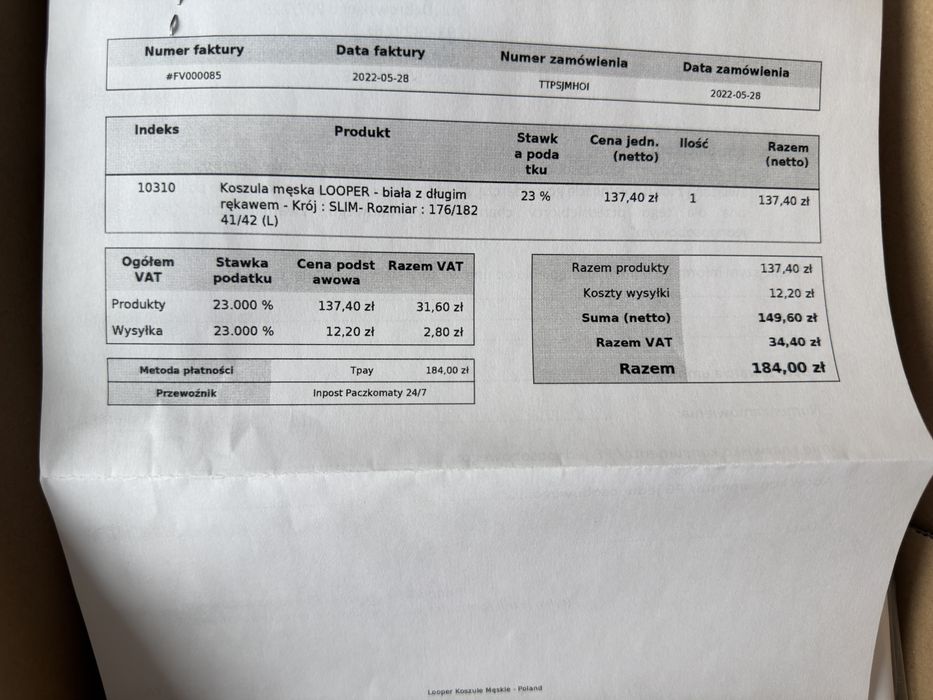 Koszula męska LOOPER - biała z długim rękawem  176/182