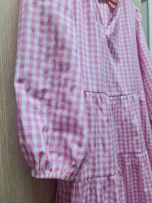 Vestido Midi Quadrados rosa e branco