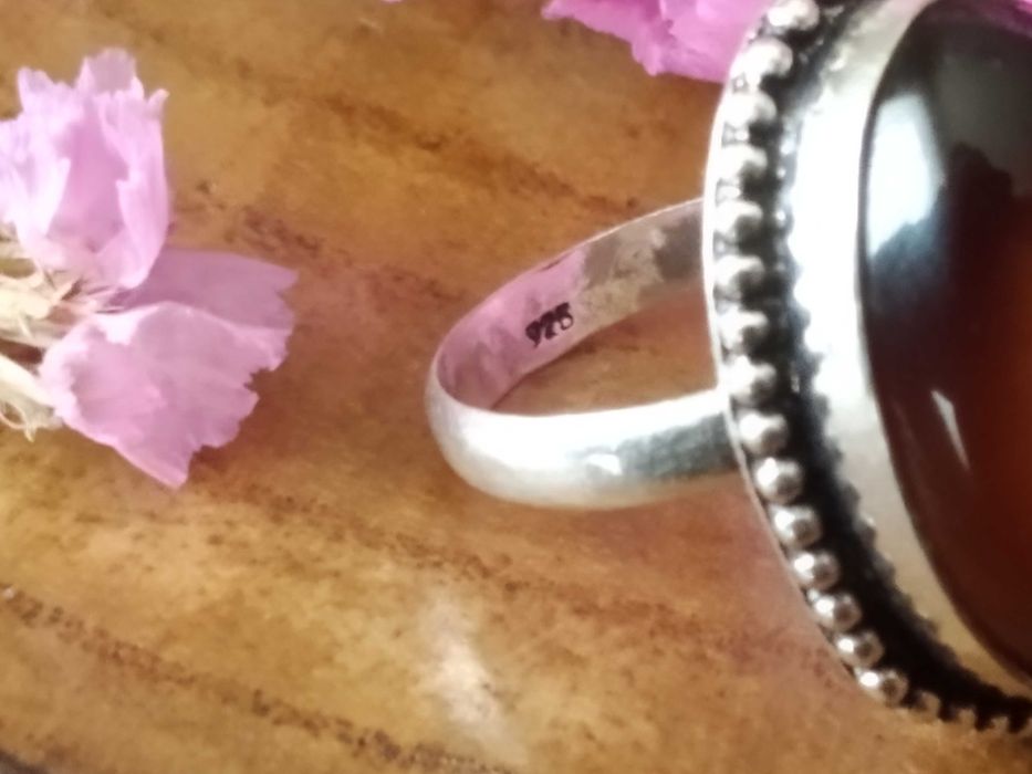 (NOVO, PORTES GRÁTIS) Anel Indiano de Prata 925 e Ágata Feito à Mão