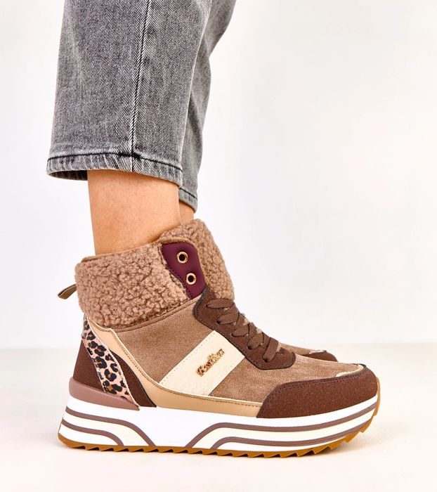Brązowe sneakersy wysokie ocieplane z kożuszkiem Mirasen